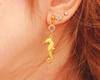 Dangle gold seahorse earrings, sea horse dangle earrings, gold blue boho dangle earrings, beach earrings gift,  sea earrings dangle.