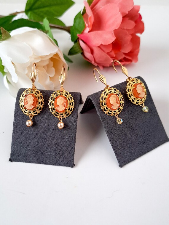 New Old Stock Vintage cameo earrings, carnelian d… - image 6
