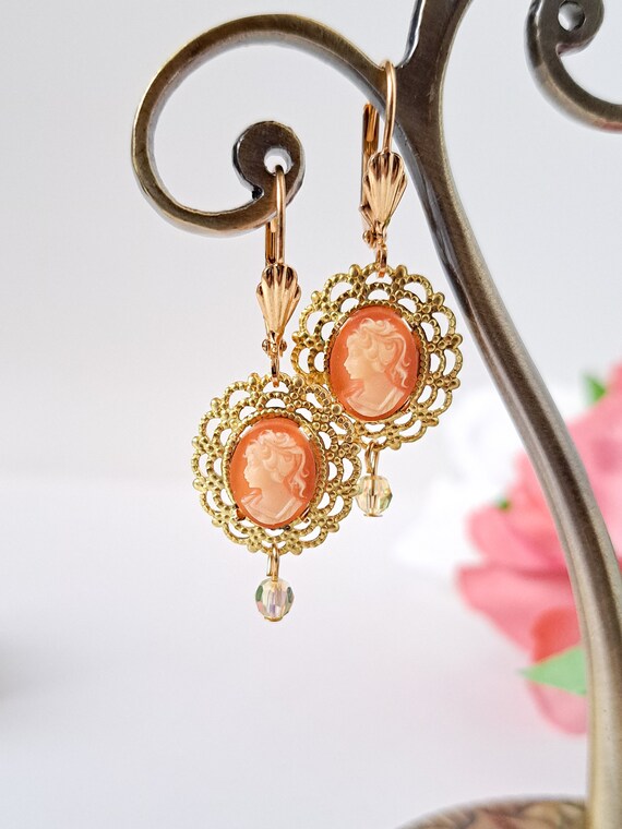 New Old Stock Vintage cameo earrings, carnelian d… - image 9