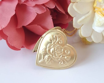 Vintage gold heart locket necklace, rose locket for photo, N.O.S. raw brass flower photo locket with raised design, Victorian locket.