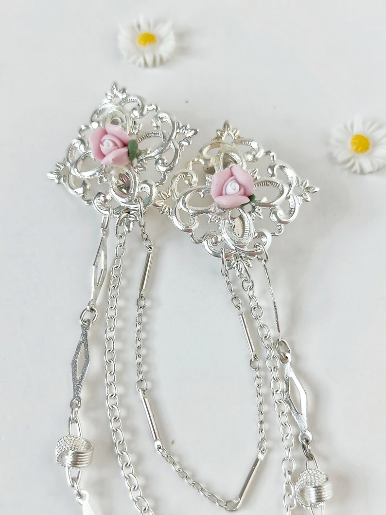 Silver viktoriansk kragekedja, vintage kragekedja, 80-tals krage med kedja, iögonfallande kragebrosch, skjortkrage bild 10