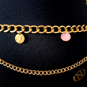 Gold chain belt with charms, New Old Stock chain link belt, gold metal chain belt, mother of pearl beads adjustable waist chain belt.