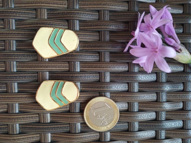 80s deadstock clip on earrings. art deco style earrings 80s prom earrings gold and mint statement earrings ivory