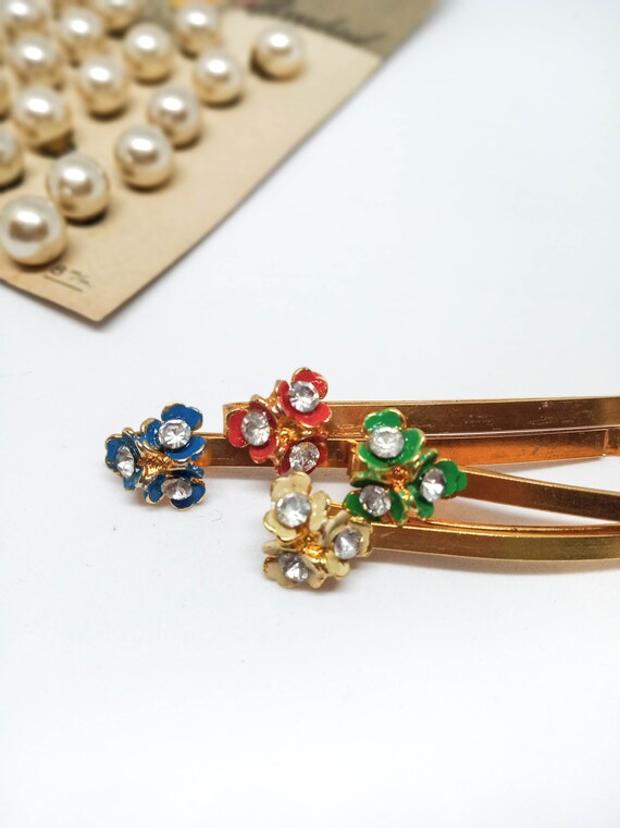 Unused vintage flower hair pins, floral rhineston… - image 2