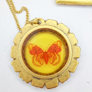 May include: Gold necklace with a round pendant featuring a framed orange butterfly with black markings. The pendant has a textured, gear-like design.