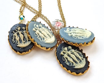 Three Graces cameo necklace, UNUSED VINTAGE Japanese cameo pendant necklace, Victorian cameo necklace, 3 ladies black/blue cameo necklace.