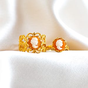 60s Vintage shell cameo ring, hand carved old gold brass filigree Antique style cameo ring, adjustable cameo ring, minimum US size 5.5