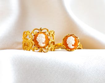60s Vintage shell cameo ring, adjustable gold plated & hand carved cameo ring with matching bracelet option. Minimum ring size 15mm / 5US.