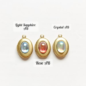 Vintage tiny locket necklace, UNUSED small gold locket necklace, 70s oval locket for pictures, cute pink / blue glass locket charm pendant.