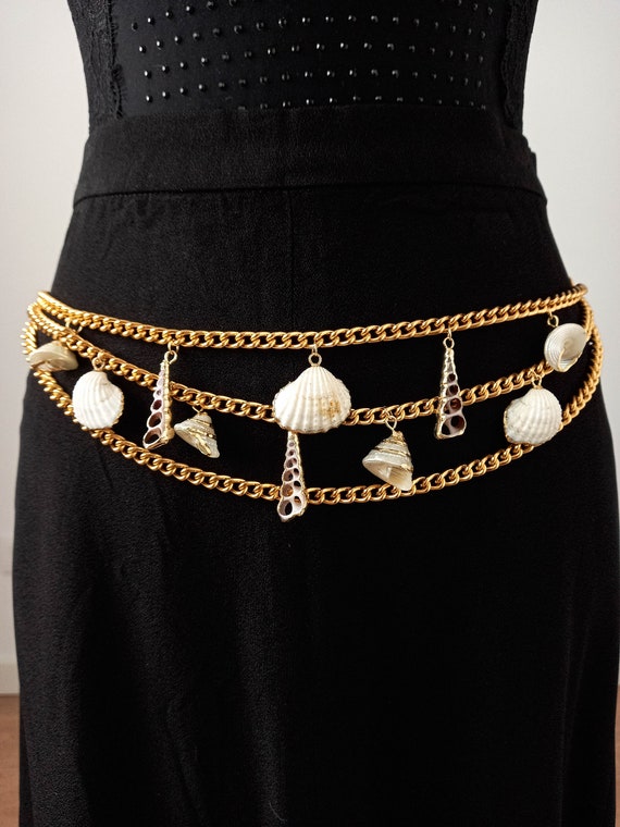 UNUSED 90s Gold Chain Belt With Real Seashell 24K Gold Trim 