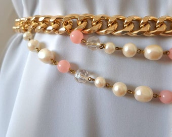Gold‎ Tone Multi Layer Chain Belt Faux Pearls Dangle Accents One Size Gold Tone Multi Layer Chain Belt Faux Pearl Rhinestone  main image 3