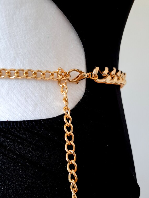 UNUSED 90s Gold Chain Belt With Pearl, Adjustable Chunky