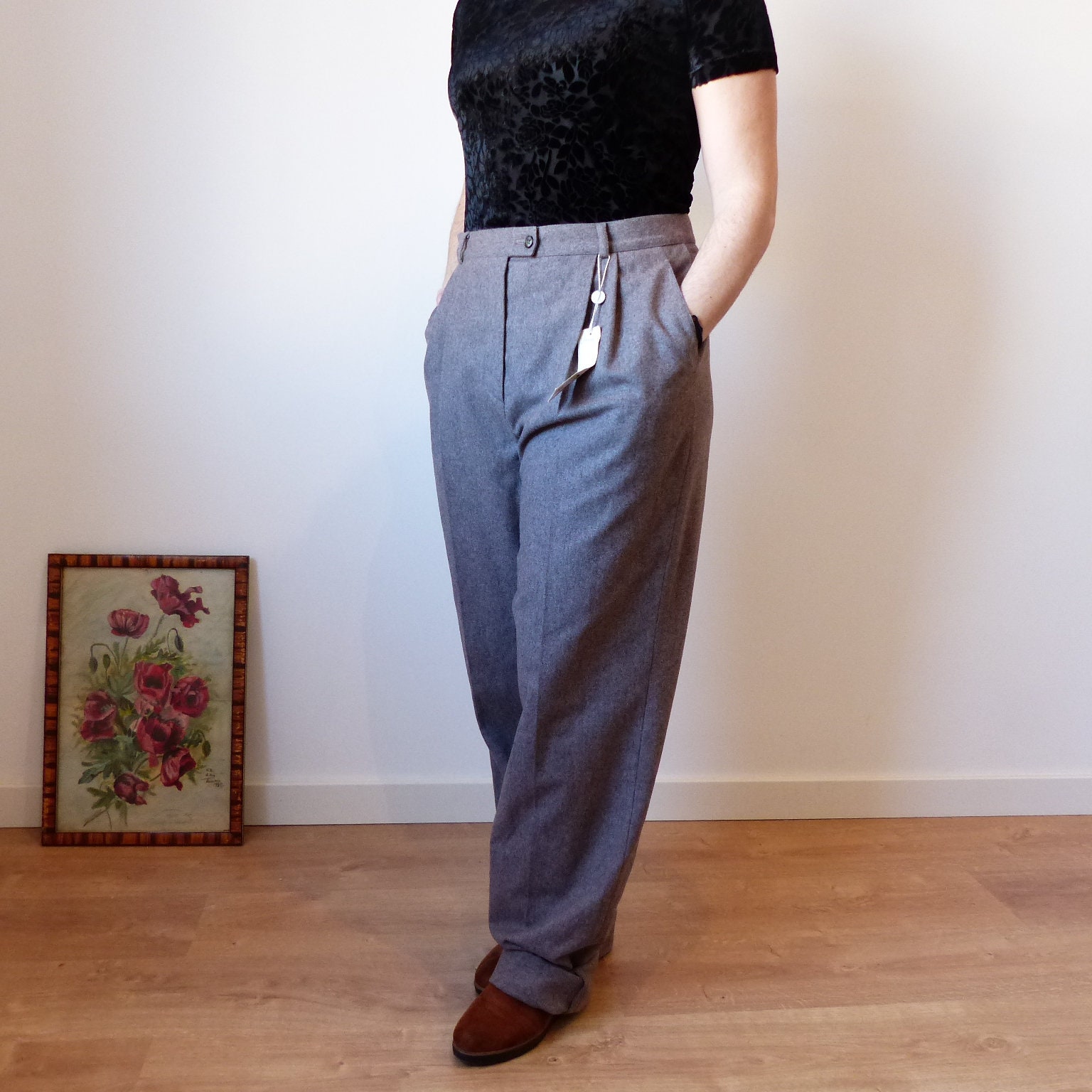 90s wool wide leg pants wool trousers W32 in brown high | Etsy