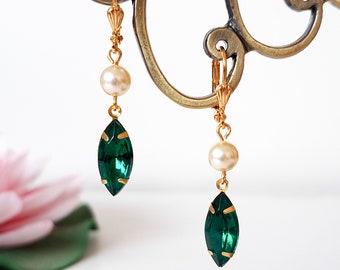 Emerald dangle pearl bridal earrings, Regency emerald green crystal  earrings, Victorian leverback pearl drop earrings, Christmas earrings.