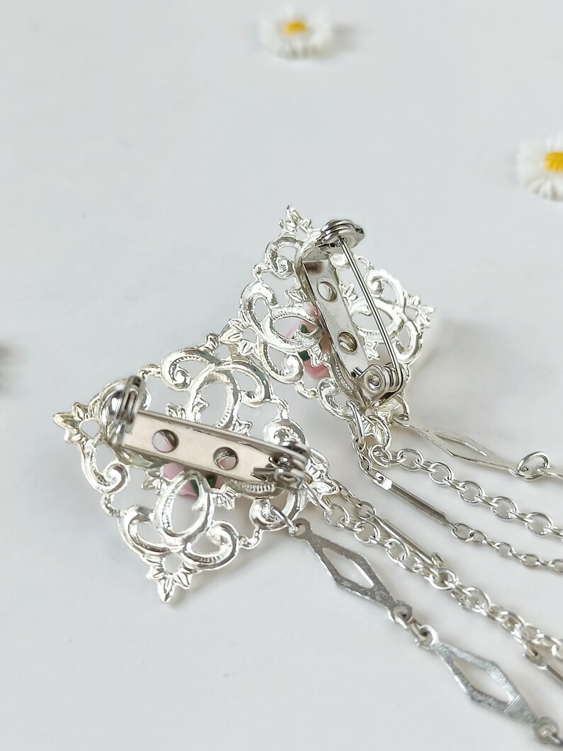Silver viktoriansk kragekedja, vintage kragekedja, 80-tals krage med kedja, iögonfallande kragebrosch, skjortkrage bild 9