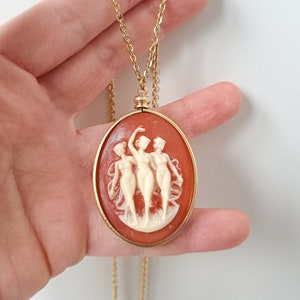Vintage gold cameo necklace in 40x30mm screw top pendant setting, gold plated chain cameo necklace, Three Graces carnelian cameo. image 2