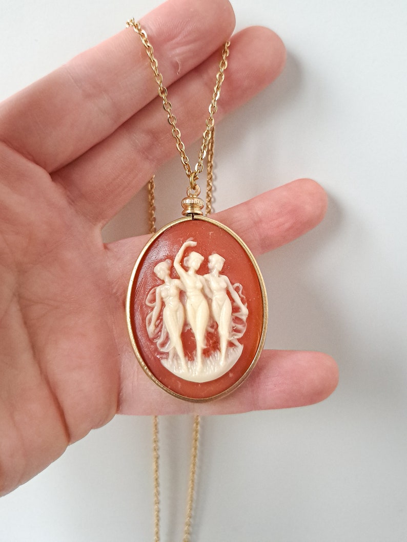 Vintage gold cameo necklace in 40x30mm screw top pendant setting, gold plated chain cameo necklace, Three Graces carnelian cameo. image 2