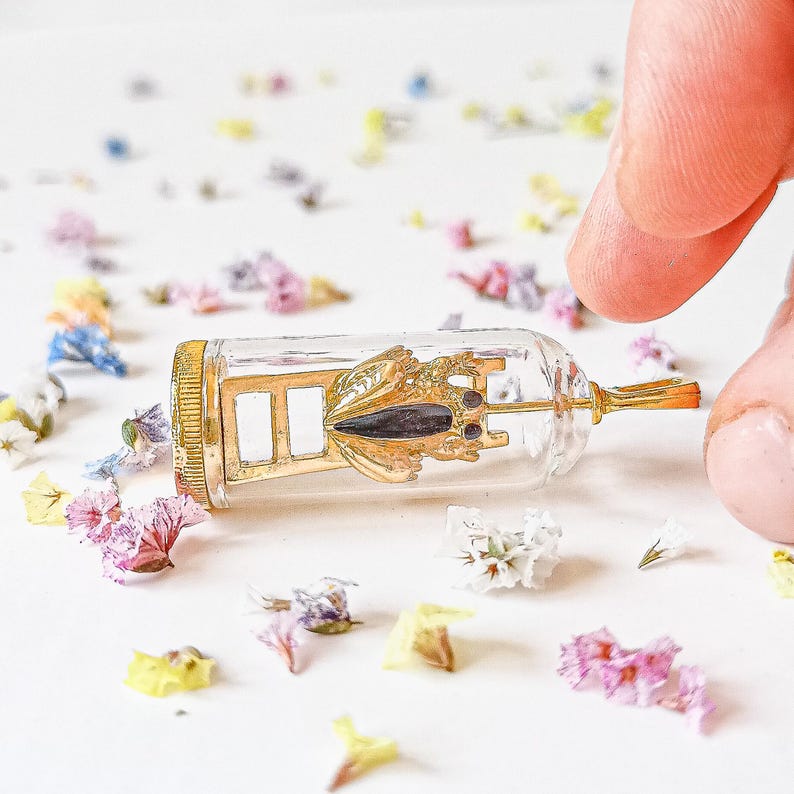 May include: A gold-colored frog figurine is suspended inside a clear glass bottle. The frog is perched on a miniature gold ladder. The bottle is lying on a white surface with scattered flower petals.