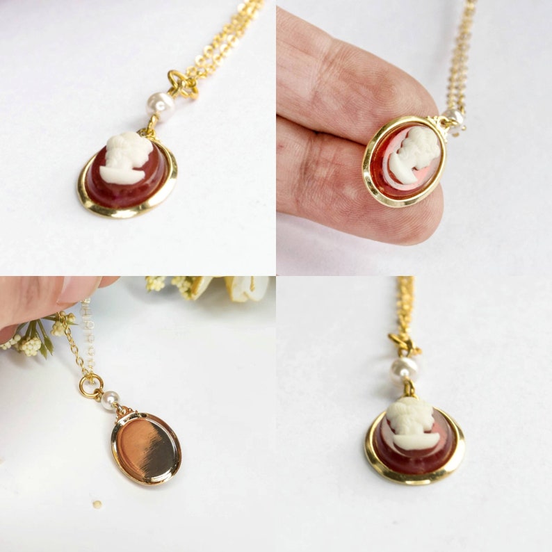 Vintage gold cameo necklace with pearl, 60s victorian cameo necklace, 24K gold plated dainty chain necklace 1.8x2mm, charm necklace. image 5