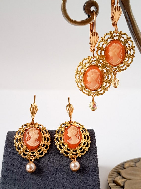 New Old Stock Vintage cameo earrings, carnelian d… - image 2