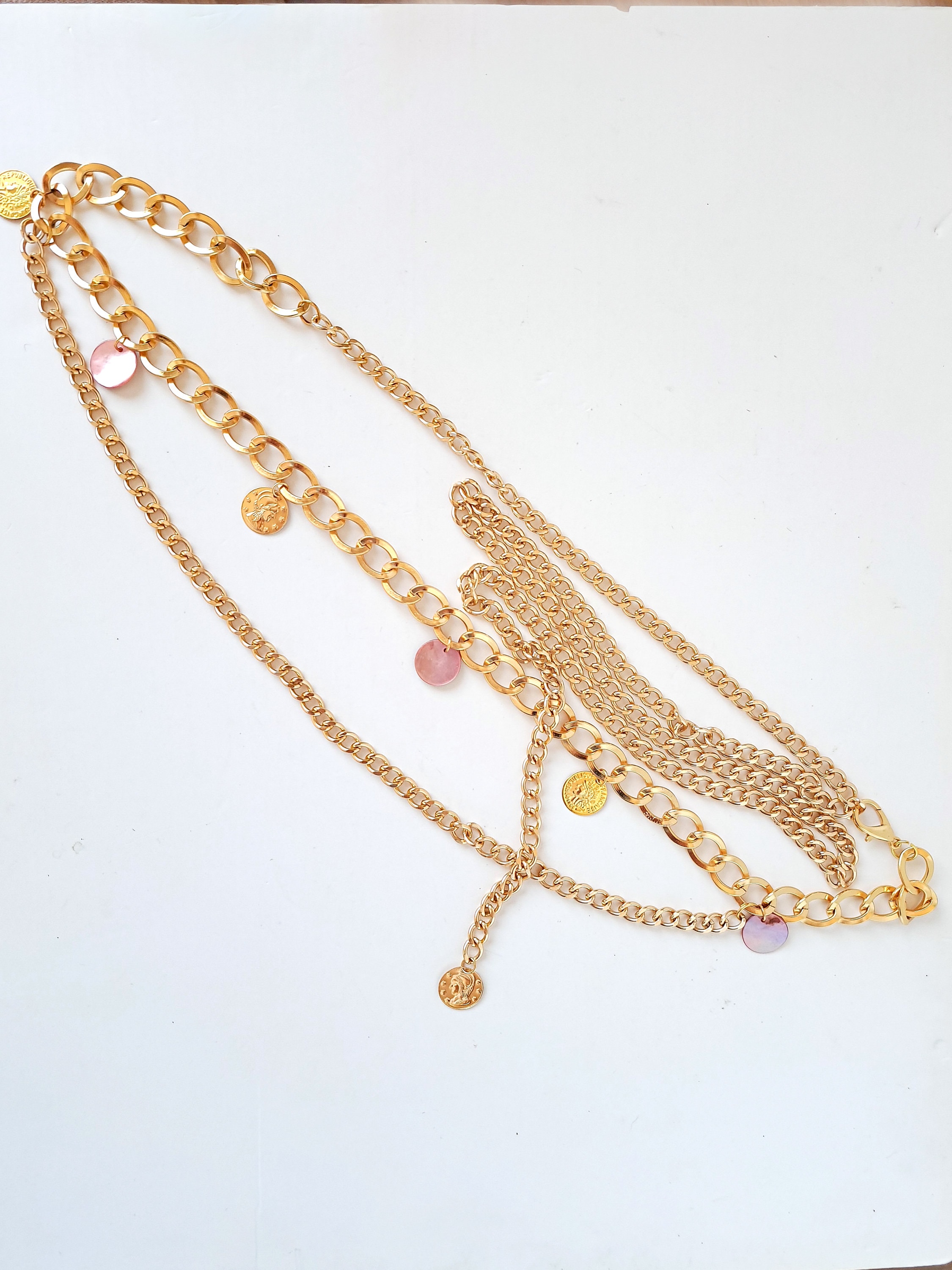 Multi-chain Antique Gold Tone and Pearls Vintage Belt Vintage Gold Link Chain Swag Belt with Faux Pearls, Circa  main image 3