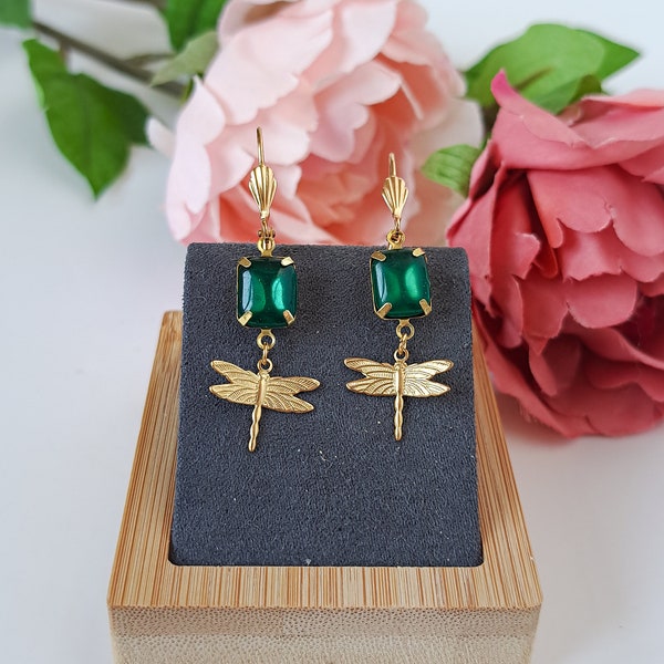 Vintage dragonfly earrings, gold dragonfly earrings, iridiscent green crystal dragonfly earrings, dragonfly dangle earrings, insect earrings