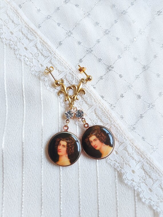 40s lady picture cameo  earrings, long stud dangl… - image 10