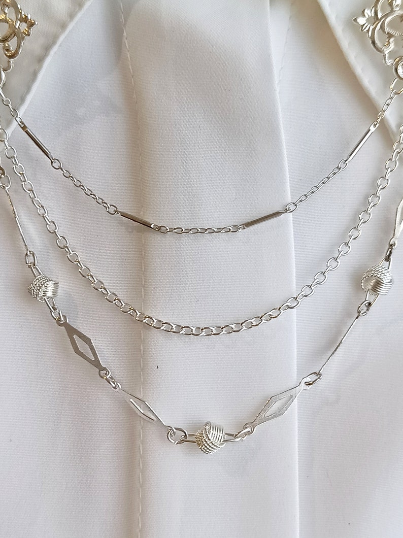 Silver viktoriansk kragekedja, vintage kragekedja, 80-tals krage med kedja, iögonfallande kragebrosch, skjortkrage bild 8