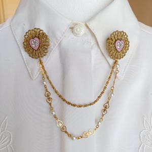 Gold vintage floral heart collar pin chain, New Old stock victorian collar pins, victorian lolita accessories.
