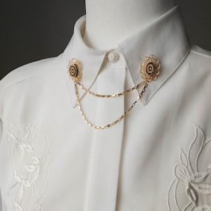 Gold plated vintage collar pins, dainty collar pin chain, victorian collar pin chain, statement Art deco collar brooch.