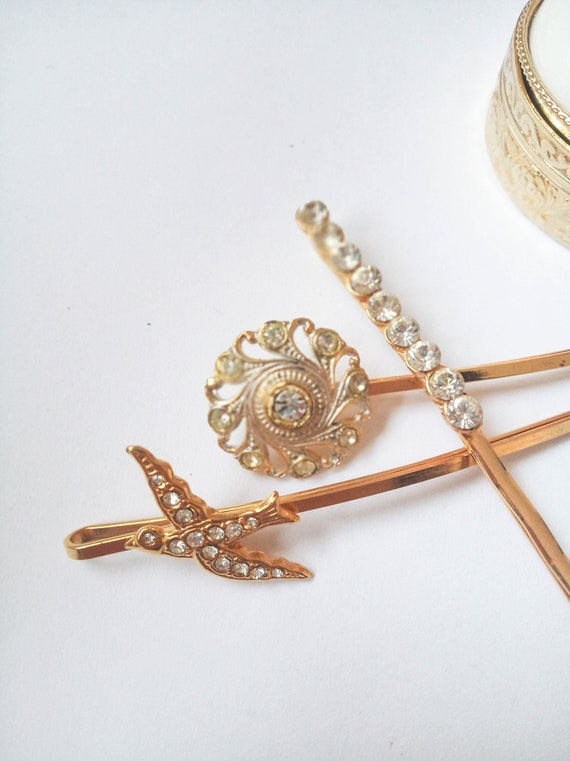 Unused vintage gold bobby pins set, rhinestone bob