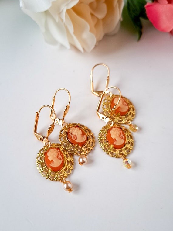 New Old Stock Vintage cameo earrings, carnelian d… - image 3