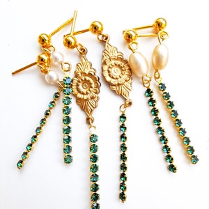 Boucles d&#39;oreilles vert émeraude en cristal Swarovski, boucles d&#39;oreilles pendantes émeraude, boucles d&#39;oreilles en strass, boucles d&#39;oreilles de Noël, boucles d&#39;oreilles barre verte