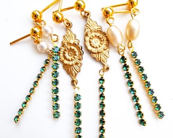 Swarovski crystal emerald green earrings, emerald dangle earrings, diamante rhinestone earrings, Christmas earrings,  green bar earrings