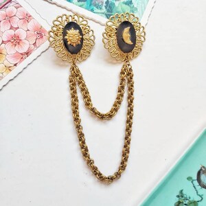 Vintage Victorian collar pins chain, bronze gold black collar pins, cat, moon & sun colar pin chain, Steampunk collar pins, cloak brooch. image 3