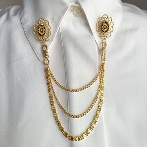 Art deco gold collar pin, gold black vintage collar chain, wedding collar pins, gold plated black collar brooch, statement shirt brooch.