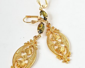 boucles d'oreilles Art nouveau en or vintage, boucles d'oreilles diamant, longues boucles d'oreilles Belle Époque, boucles d'oreilles demoiselle d'honneur en perles, boucles d'oreilles de style années 1920.