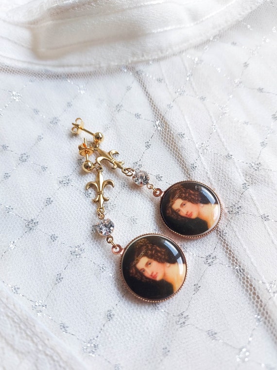 40s lady picture cameo  earrings, long stud dangl… - image 2
