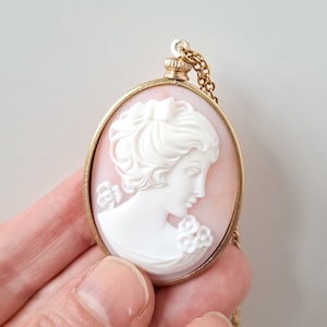 Vintage gold cameo necklace in 40x30mm screw top pendant setting, gold plated chain cameo necklace, Three Graces carnelian cameo. image 6