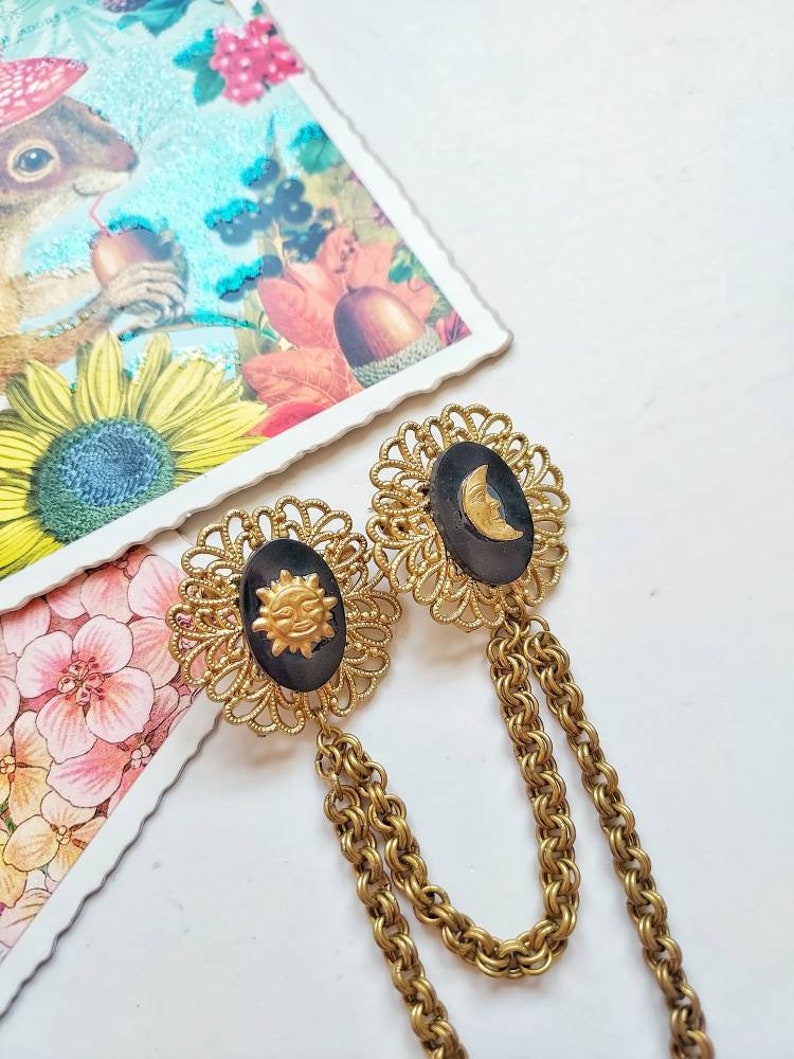 Vintage Victorian collar pins chain, bronze gold black collar pins, cat, moon & sun colar pin chain, Steampunk collar pins, cloak brooch. image 1