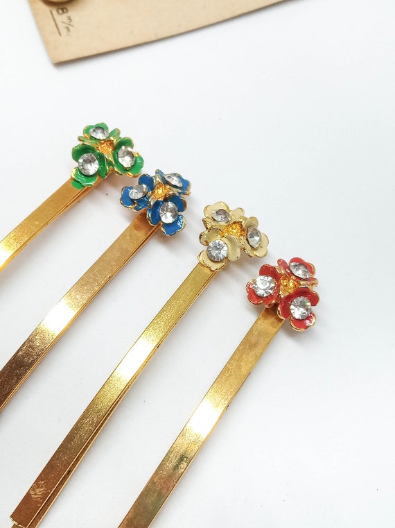 Unused vintage flower hair pins, floral rhineston… - image 4