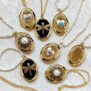 Gold vintage locket necklace, pearl locket necklace, flower locket necklace, N.O.S. gold plated oval locket, small locket for 2 photos
