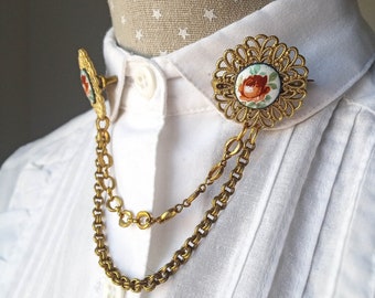 UNUSED 80s floral collar pin chain, NOS gold green collar collar pin set.