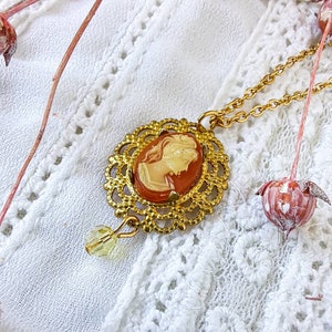 Vintage gold cameo necklace with pearl, 60s victorian cameo necklace, 24K gold plated dainty chain necklace 1.8x2mm, charm necklace. image 6