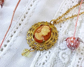 Vintage gold cameo necklace with pearl, 60s victorian cameo necklace, 24K gold plated dainty chain necklace (1.8x2mm), charm necklace.