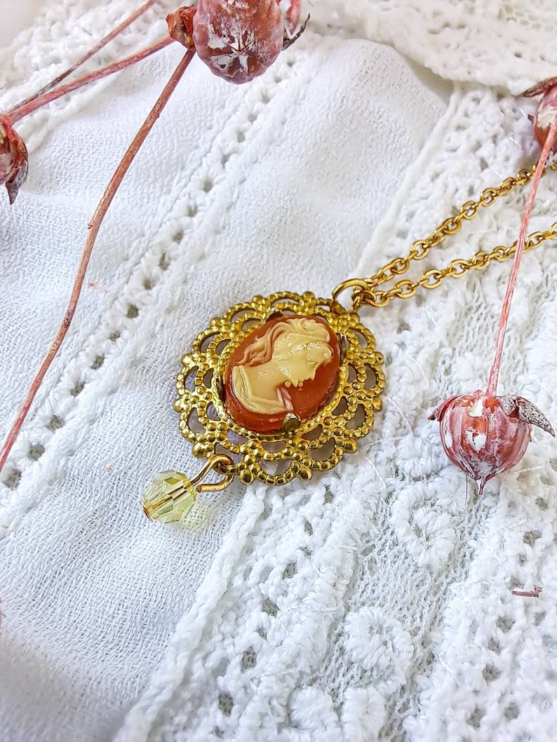 Vintage gold cameo necklace with pearl, 60s victorian cameo necklace, 24K gold plated dainty chain necklace 1.8x2mm, charm necklace. image 6