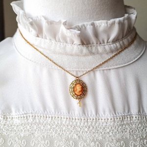 Vintage gold cameo necklace with pearl, 60s victorian cameo necklace, 24K gold plated dainty chain necklace 1.8x2mm, charm necklace. image 8