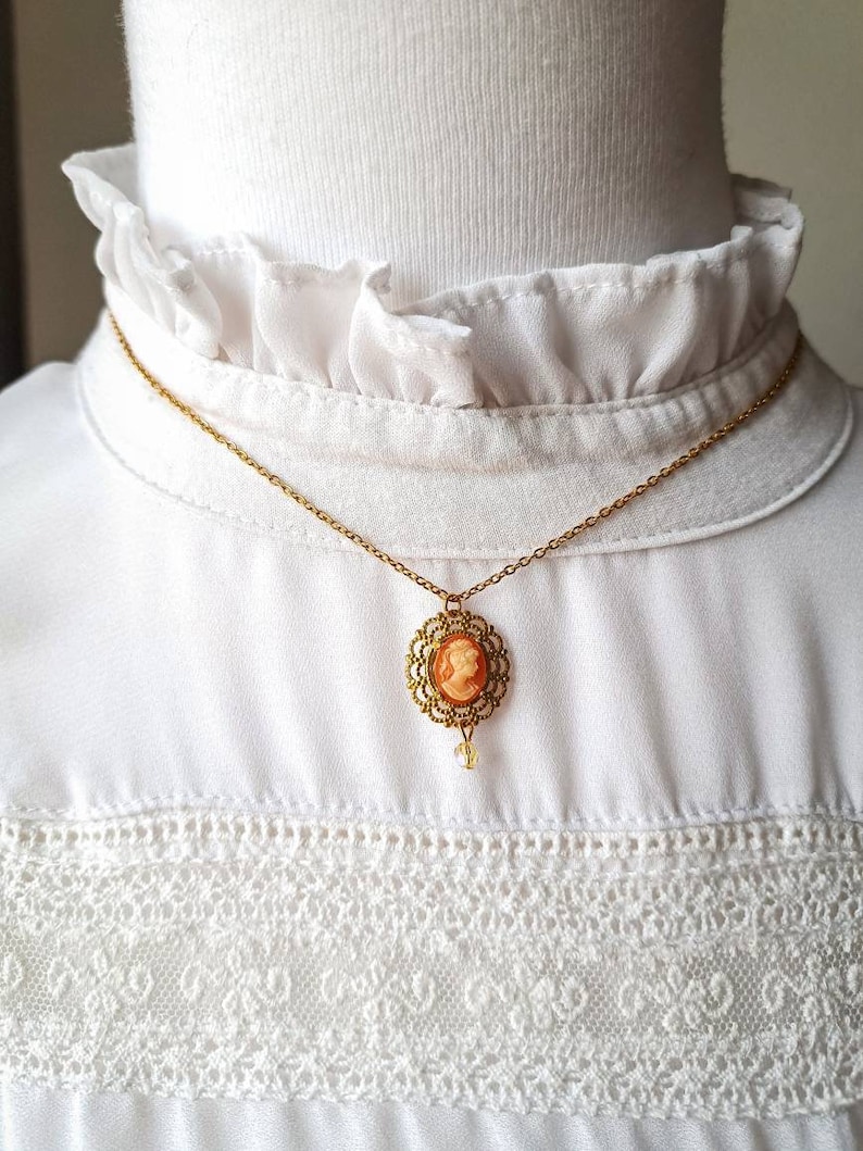 Vintage gold cameo necklace with pearl, 60s victorian cameo necklace, 24K gold plated dainty chain necklace 1.8x2mm, charm necklace. image 8