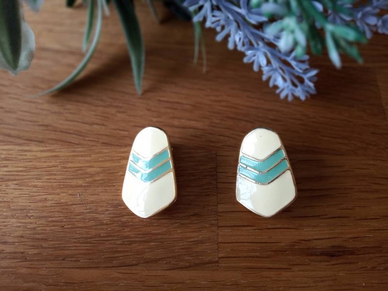 80s deadstock clip on earrings. art deco style earrings 80s prom earrings gold and mint statement earrings ivory