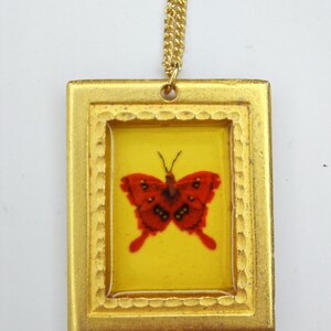 May include: A gold-toned pendant necklace with a red butterfly encased in a clear resin frame. The frame is surrounded by a gold-toned border with a textured design.